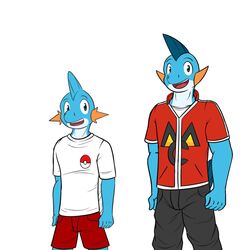  1:1 age_progression anthro anthrofied bottomwear clothed clothing fully_clothed fuze gao_(fuze) generation_3_pokemon hi_res jacket male marshtomp mudkip multiple_versions nintendo pants pokemon pokemon_(species) pokemorph shirt shorts simple_background solo t-shirt topwear white_background 