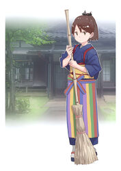  alternate_costume blue_kimono broom brown_eyes brown_hair female full_body house japanese_clothes kantai_collection kimono looking_at_viewer matsutani multicolored_clothes obi ponytail sash shikinami_(kancolle) solo standing tasuki 