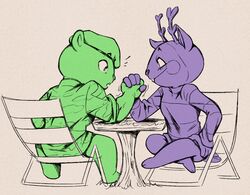  anthro antlers arm_wrestling bear clothed clothing deer duo flippy_(htf) happy_tree_friends horn loodles male mammal mime mime_(htf) open_mouth smile surprise 