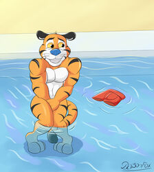  accident accidental_exposure anthro bottomwear clothing covering covering_crotch covering_self daison_the_fox embarrassed felid frosted_flakes fur hi_res kellogg&#039;s male mammal mascot nude orange_body orange_fur pantherine pool public public_nudity shorts solo standing stripes tiger tony_the_tiger underwater water 