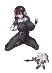  blue_eyes bodysuit breasts brown_hair caterpillar_tracks chibi chibi_inset chinese_commentary commentary_request covered_navel covered_nipples digitigrade female haze/reverb headgear highres holding holding_polearm holding_weapon huge_breasts impossible_bodysuit impossible_clothes kneeling lance mecha_musume partial_commentary polearm sophia_(haze/reverb) stmast weapon white_background 