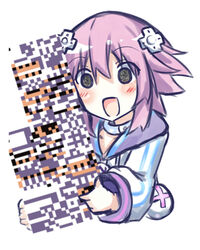  :d absurdres bimmy blush collar commentary crossover d-pad d-pad_hair_ornament english_commentary female glitch hair_between_eyes hair_ornament highres holding hood hoodie long_sleeves medium_hair missingno. neptune_(neptunia) neptune_(series) open_mouth pokemon pokemon_rgby purple_hair sidelocks simple_background smile solo static static_eyes white_background white_hoodie 