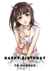  absurdres amami_haruka blue_skirt blunt_bangs breasts choker cleavage clenched_hand collarbone eyebrows_hidden_by_hair female green_eyes happy_birthday heart heart_choker highres idol idol_clothes idolmaster idolmaster_(classic) leaning_forward looking_at_viewer medium_hair navel nekkikamille skirt small_breasts solo straight-on white_choker 