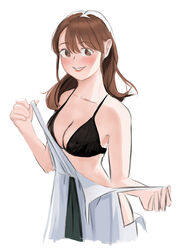  agent_aika aika_(series) alternate_costume azelweien bad_id bad_pixiv_id bare_shoulders black_bra black_delmo blush bra breasts brown_eyes collarbone commentary dress english_commentary female highres long_hair looking_at_viewer medium_breasts naomi_(agent_aika) simple_background smile solo traditional_media underwear undressing white_background white_dress 