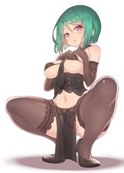  baakurou bare_shoulders black_bra black_corset black_footwear black_gloves black_thighhighs blush bob_cut bra breasts commentary_request corset elbow_gloves female gloves green_hair hair_between_eyes highres kiratto_pri_chan lace lace-trimmed_legwear lace_trim looking_at_viewer medium_breasts midorikawa_sara navel necktie open_mouth pelvic_curtain pink_eyes pretty_series short_hair solo squatting sweat thighhighs underwear 