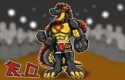  anthro dinosaur extinct feathered_dinosaur feathered_scalie feathers kaiju male prehistoric_species renyarb reptile scalie solo tristan_maximilius wrestling 