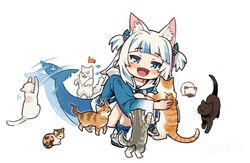  :d ^^^ afterimage animal animal_ear_fluff animal_ears blue_eyes blue_hair blue_hoodie blue_socks blush calico cat_ears commentary drawstring english_commentary feline female fins fish_tail flying_sweatdrops full_body gawr_gura gawr_gura_(1st_costume) grey_hair hair_ornament holding holding_animal hololive hololive_english hood hood_down hoodie itsuki_tasuku kemonomimi_mode long_hair multicolored_hair open_mouth shark_tail sharp_teeth shoes simple_background smile socks solo squatting streaked_hair tail tail_wagging teeth two_side_up virtual_youtuber white_background white_footwear 