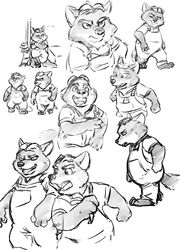  2016 anthro black-footed_ferret canid canine clothing disney fox gideon_grey hi_res kemono kumagaya_shin kumagayasin male mammal monochrome multiple_poses mustelid musteline overalls overweight overweight_male pose red_fox simple_background travis_(zootopia) true_fox true_musteline weasel white_background young zootopia 