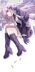  black_gloves black_ribbon black_skirt boots braid bullet closed_mouth danganronpa:_trigger_happy_havoc danganronpa_(series) expressionless female gloves grey_shirt hair_ribbon highres jacket kirigiri_kyoko knee_boots long_hair long_sleeves looking_at_viewer lying necktie on_side purple_eyes purple_footwear purple_hair ribbon rirene_rn shirt skirt solo 