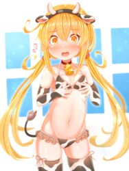  absurdres animal_print bell bikini blonde_hair breasts collar cow_horns cow_print cow_print_bikini cow_tail elbow_gloves female gloves highres horns kantai_collection long_hair neck_bell print_bikini satsuki_(kancolle) small_breasts suzushiro_(gripen39) swimsuit tail thighhighs twintails yellow_eyes 