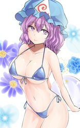  ball bare_arms bare_shoulders bikini blue_bikini blue_hat breasts collarbone commentary_request cowboy_shot female floral_background front-tie_bikini_top front-tie_top hair_between_eyes hat highres holding holding_ball large_breasts looking_at_viewer mob_cap navel one-hour_drawing_challenge purple_eyes purple_hair saigyouji_yuyuko short_hair solo stomach swimsuit touhou triangular_headpiece white_background y2 