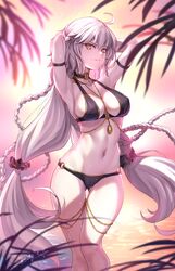  ahoge armpits arms_behind_head arms_up backlighting bare_shoulders beach bikini black_bikini braid breasts choker cleavage closed_mouth collarbone fate/grand_order fate_(series) female highres jeanne_d&#039;arc_alter_(fate) jeanne_d&#039;arc_alter_(festival_outfit)_(fate) jewelry large_breasts long_hair looking_at_viewer low-tied_long_hair navel necklace ocean official_alternate_costume outdoors pale_skin smile sunday_se7en sunset swimsuit twilight twin_braids very_long_hair wet white_hair yellow_eyes 