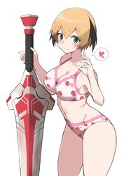  absurdres bikini blonde_hair blush breasts commission fate/grand_order fate_(series) female food_print gareth_(fate) gareth_(swimsuit_saber)_(fate) gareth_(swimsuit_saber)_(second_ascension)_(fate) hair_flaps heart highres holding holding_sword holding_weapon large_breasts navel pink_bikini skeb_commission smile solo spoken_heart strawberry_print swimsuit sword weapon yabai_gorilla 