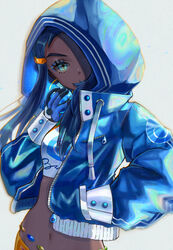  aqua_eyes belly_chain bike_shorts bikini black_hair blue_eyeshadow blue_jacket breasts commentary covered_mouth crop_top dark-skinned_female dark_skin dive_ball earrings eyeshadow female gloves hand_in_pocket hand_up head_tilt holding holding_poke_ball hood hood_up hooded_jacket hoop_earrings jacket jewelry long_hair long_sleeves looking_at_viewer makeup midriff navel nessa_(pokemon) poke_ball pokemon pokemon_swsh setta_shu sidelocks simple_background small_breasts solo standing swimsuit tankini upper_body white_background zipper zipper_pull_tab 