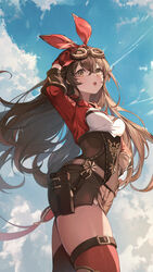  amber_(genshin_impact) blue_sky blush breasts brown_eyes brown_hair brown_shorts cloud cloudy_sky commentary contrapposto cowboy_shot female genshin_impact gloves goggles goggles_on_head hair_between_eyes hair_ribbon hand_on_headwear hand_on_own_hip highres holster long_hair long_sleeves looking_at_viewer medium_breasts open_mouth pouch red_ribbon ribbon short_shorts shorts shrug_(clothing) sky solo standing symbol-only_commentary thighhighs ttosom underbust wind 