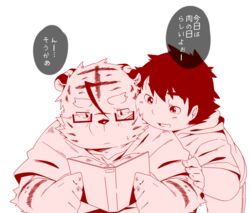  2013 anthro book duo eyewear felid glasses hinami human humanoid_hands japanese_text kemono male mammal musyou_rokujou_life overweight overweight_anthro overweight_human overweight_male pantherine reading simple_background text tiger translated white_background young 