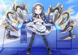  apron backpack bad_id bad_twitter_id bag blue_eyes brown_hair crossed_arms dress fate/grand_order fate_(series) female highres leonardo_da_vinci_(fate) leonardo_da_vinci_(rider)_(fate) leonardo_da_vinci_(rider)_(second_ascension)_(fate) maid_apron maid_headdress mechanical_arms roller_skates shiraha_(orega-gandamud) skates smile solo thighhighs 