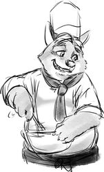  2016 anthro belly canid canine chef_hat chef_uniform clothing cooking disney fox gideon_grey hat headgear headwear hi_res kemono kumagaya_shin kumagayasin male mammal monochrome overweight overweight_male red_fox solo true_fox zootopia 