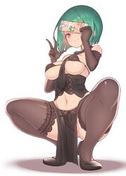  baakurou bare_shoulders black_bra black_corset black_footwear black_gloves black_thighhighs blush bob_cut bra breasts closed_mouth commentary_request corset elbow_gloves female gloves green_hair hair_between_eyes hand_up highres kiratto_pri_chan lace lace-trimmed_legwear lace_trim looking_at_viewer medium_breasts midorikawa_sara navel necktie pelvic_curtain pink_eyes pretty_series short_hair smile solo squatting sweat thighhighs underwear v 