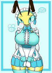  antennae_(anatomy) anthro arthropod ass bee big_breasts big_butt blush blush_stickers bow_tie breasts butt_from_the_front clothed clothing curvy_figure embarrassed eyebrows female hi_res hymenopteran insect_wings insects legwear maid_headdress maid_uniform pluto_(woebeeme) simple_background solo stockings thick_thighs thigh_highs uniform voluptuous wide_hips wings woebeeme 