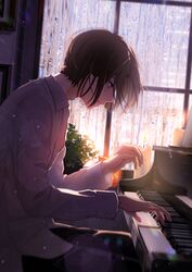  1boy absurdres bad_id bad_pixiv_id brown_eyes brown_hair collared_shirt concentrating film_grain from_side highres instrument light_particles long_sleeves macaronk male_focus music original parted_lips piano playing_instrument playing_piano rain shirt sitting sleeve_cuffs solo white_shirt 