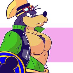  1:1 2021 abs anthro canid canine canis chest_tuft clothed clothing disney domestic_dog eyewear fizzyjay frown goggles goggles_on_headwear goofy_(disney) hat headgear headwear hi_res kingdom_hearts male mammal muscular muscular_anthro muscular_male narrowed_eyes nipples open_clothing open_shirt open_topwear pecs shield shirt simple_background solo square_enix topwear tuft unzipped zipper 