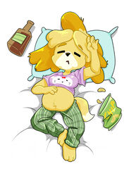  alcohol animal_crossing anthro belly beverage breasts canid canine canis chips_(food) clothed clothing domestic_dog drunk female food hi_res isabelle_(animal_crossing) lazy mammal navel nintendo overweight pajamas pillow solo strawberrywith4 substance_intoxication tired tired_eyes 