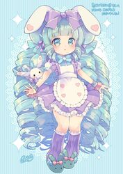  :o animal animal_ears animal_slippers apron aruya_(flosrota) blue_bow blush borrowed_character bow bunny_slippers commentary_request commission drill_hair female frilled_apron frilled_skirt frills full_body green_eyes green_footwear green_hair hairbow kneehighs long_hair looking_at_viewer miruku_(cutesuu) original parted_lips pleated_skirt puffy_short_sleeves puffy_sleeves purple_bow purple_skirt purple_socks rabbit rabbit_ears ribbed_legwear shirt short_sleeves sidelocks skeb_commission skirt slippers socks solo striped striped_background suspender_skirt suspenders vertical_stripes very_long_hair white_apron white_shirt wrist_cuffs 