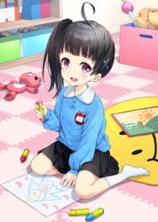  :d ahoge between_legs black_hair black_skirt blue_shirt blush bon_(bonbon315) book bookshelf collared_shirt commentary_request female hair_ornament hand_between_legs hand_up highres holding indoors kindergarten_uniform lolicon long_hair long_sleeves looking_at_viewer no_shoes open_mouth original pleated_skirt purple_eyes shirt side_ponytail sitting skirt smile socks solo stuffed_animal stuffed_toy teddy_bear wariza white_socks 