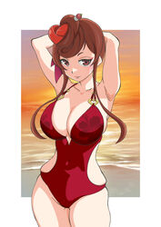  beach breasts brown_hair casual_one-piece_swimsuit cleavage cowboy_shot dango_hair_ornament female food-themed_hair_ornament hair_bun hair_ornament heart heart_hair large_breasts long_hair one-piece_swimsuit red_eyes red_one-piece_swimsuit sidelocks solo sunset swimsuit water yuki_no14 yuugiri_(zombie_land_saga) zanshomimai zombie_land_saga 