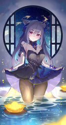  bare_shoulders beads black_pantyhose blue_ribbon blue_skirt braid breasts cleavage clothes_lift collared_dress cone_hair_bun double_bun dress female floating floating_object flower genshin_impact gloves hair_bun hair_ornament hair_ribbon hairpin highres keqing_(genshin_impact) keqing_(opulent_splendor)_(genshin_impact) lantern lifting_own_clothes long_hair looking_at_viewer medium_breasts neck_tassel night night_sky official_alternate_costume pantyhose pearl_hair_ornament purple_dress purple_eyes purple_hair purple_ribbon ribbon signature skirt skirt_hold skirt_lift sky solo standing star_(sky) starry_sky twintails tyenka7728 vision_(genshin_impact) water window wrist_ribbon 