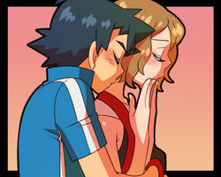  1boy amada black_hair blonde_hair blush closed_eyes couple female hug hug_from_behind pokemon pokemon_(anime) pokemon_xy_(anime) satoshi_(pokemon) serena_(pokemon) short_hair smile straight 