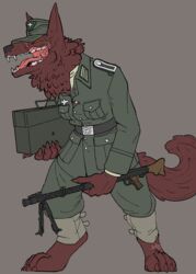  anthro barefoot biped canid canine clothed clothing digitigrade fangs feet female fur gun hi_res holding_object holding_weapon mammal mg34 mythological_canine mythological_creature mythology nazi nazi_uniform open_mouth ranged ranged_weapon scar sergeant_(xenopera) simple_background solo teeth tongue uniform weapon wehrmacht were werecanid werecanine werewolf xenopera yellow_eyes 