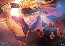  1boy bad_id bad_pixiv_id bare_pectorals blonde_hair blue_eyes chest_harness fate/grand_order fate_(series) fingerless_gloves gloves harness headband iduhara_jugo igote looking_at_viewer male_focus muscular muscular_male official_alternate_costume over_shoulder pectorals sakata_kintoki_(fate) sakata_kintoki_(heian_warrior_attire)_(fate) single_bare_shoulder solo weapon weapon_over_shoulder 