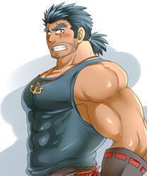  1boy anchor_necklace bara bare_shoulders blue_tank_top blush collarbone covered_abs dark-skinned_male dark_skin facial_hair forked_eyebrows from_side jewelry jormungandr_(f-kare) large_pectorals long_sideburns looking_at_viewer male_focus muscular muscular_male necklace pectorals scar scar_across_eye scar_on_face short_hair shoukan_yuusha_to_f-kei_kareshi sideburns solo stubble sunfight0201 tank_top tied_hair 