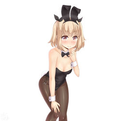  absurdres animal_ears black_bow black_bowtie black_leotard black_pantyhose blonde_hair blush bow bowtie breasts brown_eyes cleavage commentary_request cowboy_shot detached_collar fake_animal_ears female highres iijima_yun leotard looking_at_viewer medium_breasts new_game! pantyhose playboy_bunny rabbit_ears rabbit_tail sainohikari short_hair smile solo strapless strapless_leotard tail two_side_up wrist_cuffs 