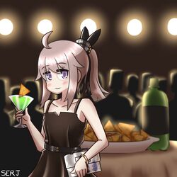  ahoge bad_id bad_twitter_id bag bare_shoulders blush brown_dress cocktail cocktail_glass collarbone commentary cup doritos dress drinking_glass evening_gown female flat_chest girls&#039;_frontline handbag high_ponytail highres inactive_account light_purple_hair looking_at_viewer m200_(girls&#039;_frontline) m200_(war_correspondent)_(girls&#039;_frontline) medium_hair mountain_dew purple_eyes serjatronic smile solo 