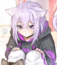  ahoge animal_ears cat_ears cat_tail dakuryuu feline female hands_on_own_knees highres hololive hood hoodie nekomata_okayu nekomata_okayu_(1st_costume) purple_eyes purple_hair signature squatting tail temari_(nekomata_okayu) virtual_youtuber 