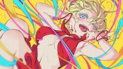  absurdres armpits blonde_hair blue_eyes bracelet breasts dress eyelashes female fingernails floating floating_hair highres jewelry looking_at_viewer mouth_pull nobusawa_osamu open_mouth original red_dress solo teeth tongue underboob yellow_background 