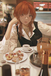  alcohol black_vest blurry blurry_background coffee coffee_beans commentary cup drinking_glass female food_request glasses highres indoors jewelry lip_piercing long_hair long_sleeves looking_at_viewer necklace open_sandwich original parted_lips piercing pitcher_(container) plate red_eyes red_hair restaurant round_eyewear saucer shirt solo_focus table teacup vest wang-xi white_shirt 