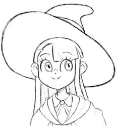  bangs blunt_bangs cloak collared_shirt dot_nose english_commentary eyebrows_visible_through_hair face female greyscale hat highres kagari_atsuko little_witch_academia long_hair looking_away looking_to_the_side monochrome roxlyn166 shirt sideways_glance simple_background smile solo straight_hair upper_body white_background witch_hat 