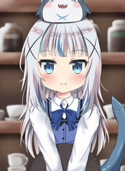  absurdres alternate_costume bloop_(gawr_gura) blue_eyes blue_hair blue_neckwear blunt_bangs blush closed_mouth commentary cosplay cup fang_out female fins fish_tail gawr_gura gochuumon_wa_usagi_desu_ka? grey_hair highres holding holding_tray hololive hololive_english kafuu_chino kafuu_chino_(cosplay) looking_at_viewer multicolored_hair oerba_yun_fang open_mouth rabbit_house_uniform shark_girl shark_tail sharp_teeth shinonome_meguri smile solo straight-on streaked_hair tail tail_raised teeth tray virtual_youtuber 