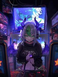  apricot_the_lich apricot_the_lich_(8th_costume) arcade arcade_cabinet backlighting black_collar black_hoodie candy collar cropped_hoodie demon_girl demon_horns demon_wings earphones female food green_eyes green_hair hair_ornament highres holding holding_candy holding_food holding_lollipop hood hoodie horns lollipop long_sleeves looking_at_viewer midriff mochimochi_589 multicolored_hair multiple_horns navel open_mouth purple_horns purple_nails smile solo spiked_collar spikes streaked_hair television virtual_youtuber vshojo white_hair wings x_hair_ornament 