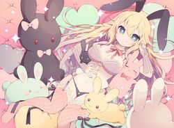  animal_ears aruya_(flosrota) bare_shoulders black_panties blonde_hair blue_eyes bow breasts cleavage closed_mouth commentary_request commission female fishnet_thighhighs fishnets garter_straps hair_between_eyes hand_up heart heart-shaped_pillow heart-shaped_pupils large_breasts long_hair looking_at_viewer lying navel on_back original panties pillow pink_lips rabbit_ears red_bow skeb_commission smile solo sparkle stuffed_animal stuffed_rabbit stuffed_toy symbol-shaped_pupils thighhighs underwear very_long_hair 