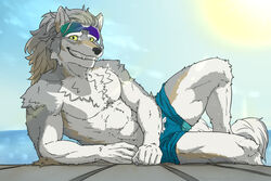  2021 3:2 abs anthro butusan_p canid canine canis clothed clothing cloud colored day eyewear eyewear_on_head fur grey_body grey_fur grey_hair hair long_hair looking_at_viewer lying male mammal multicolored_body multicolored_fur muscular muscular_anthro muscular_male on_side outside pecs sky smile solo sun sunglasses sunglasses_on_head swimming_trunks swimwear teeth topless topless_male tuft two_tone_body two_tone_fur water wolf yellow_sclera 