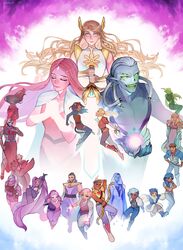  5boys 6+girls absurdres adora_(she-ra) bad_id bad_twitter_id blonde_hair bow_(she-ra) bow_(weapon) broken broken_sword broken_weapon catra claws double_trouble_(she-ra) entrapta everyone extra_eyes facial_hair fangs frosta glimmer_(she-ra) glowing glowing_hands glowing_sword glowing_weapon green_eyes highres hordak horde_prime huntara_(she-ra) king_micah light_hope_(she-ra) masters_of_the_universe mermista monster_boy monster_girl moustache multiple_boys multiple_girls netossa perfuma_(she-ra) pointy_ears queen_angella red_eyes revision scarf scorpia sea_hawk_(she-ra) shadow_weaver she-ra_and_the_princesses_of_power spinnerella sword takamizo tiara weapon 