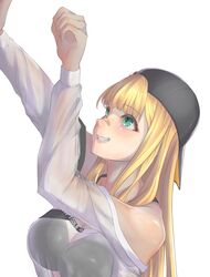  arms_up backwards_hat bandaid bandaid_on_face bandaid_on_nose bare_shoulders baseball_cap black_hat black_sports_bra blonde_hair blunt_bangs blush breasts centi_(nikke) centi_(supreme_holiday)_(nikke) clothes_writing female goddess_of_victory:_nikke green_eyes grin hat highres large_breasts long_hair looking_up newtype_rabbit off-shoulder_shirt off_shoulder official_alternate_costume see-through see-through_shirt shirt sidelocks simple_background smile solo sports_bra unfinished upper_body white_background white_shirt 