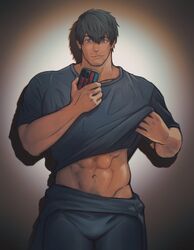  1boy abs adventurer_(ff14) allagan_tomestone bara black_hair black_pants black_shirt blue_eyes closed_mouth clothes_lift facial_hair final_fantasy final_fantasy_xiv highres holding holding_phone hyur male_focus male_pubic_hair mikomi_95 muscular muscular_male navel pants phone pubic_hair shirt shirt_lift short_hair smile solo warrior_of_light_(ff14) 