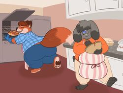  2016 anthro apron archived_source ass big_butt bottomwear canid canine closed_eyes clothing cooking disney duo fox gideon_grey kitchen kitchen_utensils lagomorph leporid long_ears male mammal obese overweight overweight_male pants rabbit red_fox samael scut_tail shirt short_tail tail tools topwear true_fox zootopia 