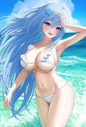  :d absurdres bangs bare_shoulders bikini blue_hair breasts bursting_breasts cleavage covered_nipples female frilled_bikini frills hand_on_own_head happy highres kagachi_saku large_breasts looking_at_viewer navel original outdoors purple_eyes skindentation smile swimsuit thick_thighs thighs underboob water white_bikini 